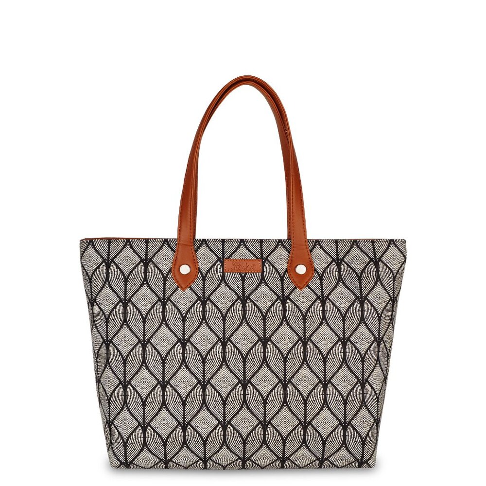 Hand Crafted Monochrome Printed Fabric Women Shoulder Tote Bag, Top Handle Bag